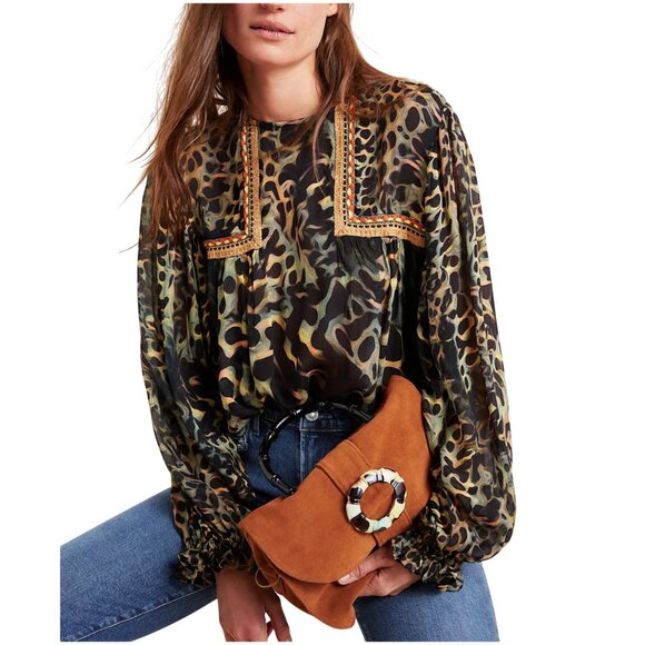 Anthropologie Blank London Joelle Leopard Peasant Blouse L large green gold - Picture 1 of 10